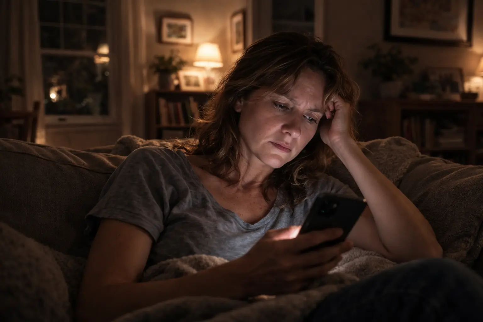 A woman looking at her phone, concerned.