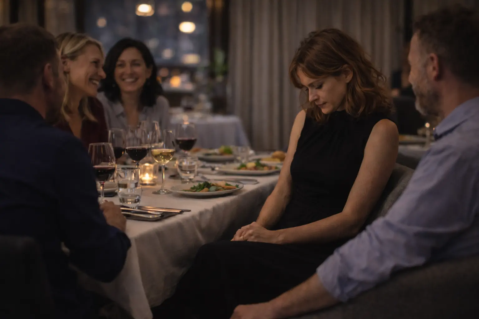 A sad woman at the dinner table.